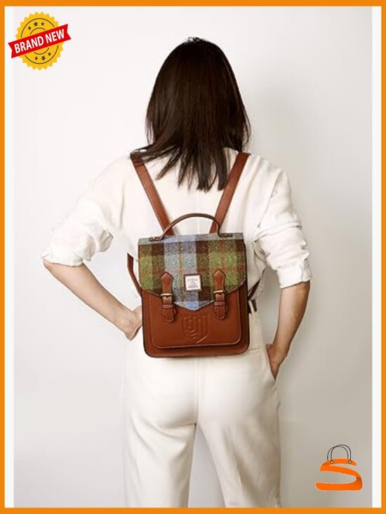 Harris Tweed Backpack with Faux Leather - Adjustable Straps